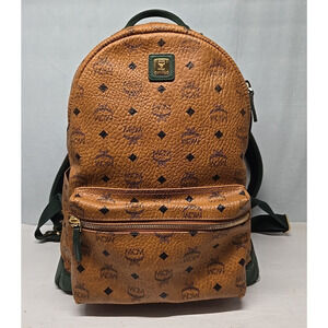 MCM Stark Monogram Logo Backpack in Visetos Cognac & Safari Green Size Medium